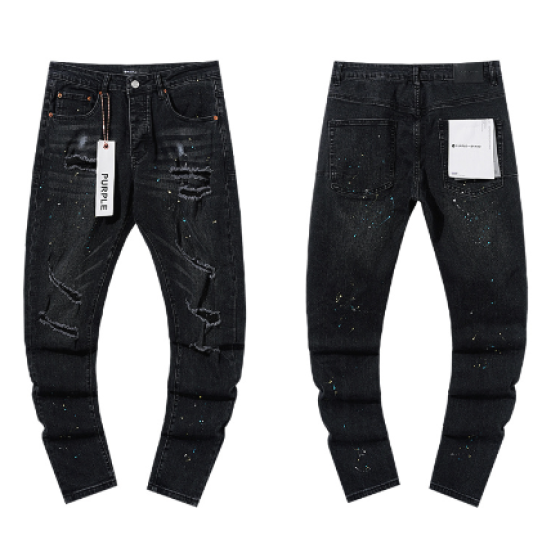 Black Washed Slim Denim Jeans with Multicolor Paint Splatter and Multi-Rip Distressing